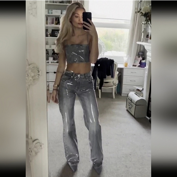 ZARA WIDE LEG SEQUIN FOIL JEANS - Picture 4 of 11